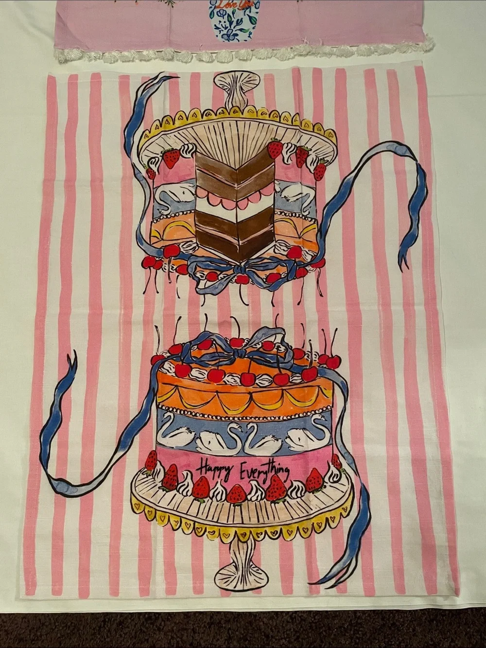 ANTHROPOLOGIE Cotton Kitchen Tea Towels(2)Happy Everything Cake/Love You Flower